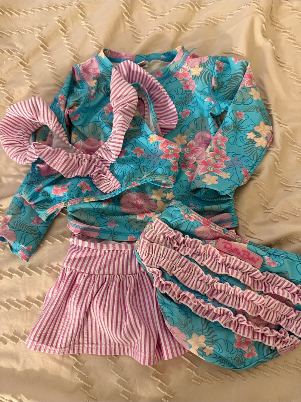 Kids Floral Turquoise Rash Guard Swim Set with Light Purple Stripe Skirt